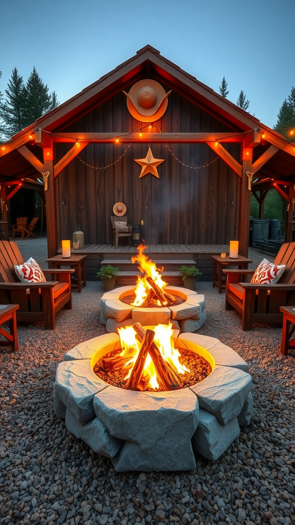 A cozy fire pit area with two fire pits surrounded by wooden chairs, decorated with cowboy-themed elements.
