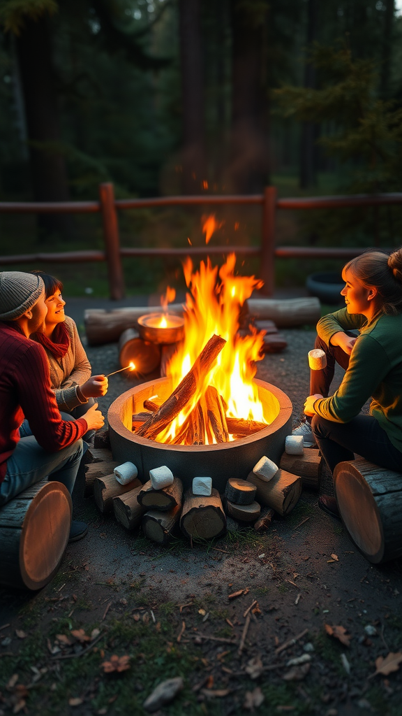 25 Creative Nesting Party Ideas for a Cozy Gathering Friends gathered around a fire pit, roasting marshmallows and enjoying each other's company in a forest setting.
