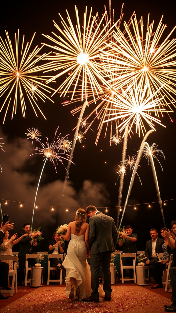 A couple stands together under a vibrant fireworks display at their wedding, surrounded by family and friends. Cowboy Wedding Entrance