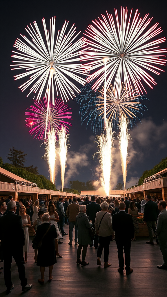 A crowd watching a vibrant fireworks display at night