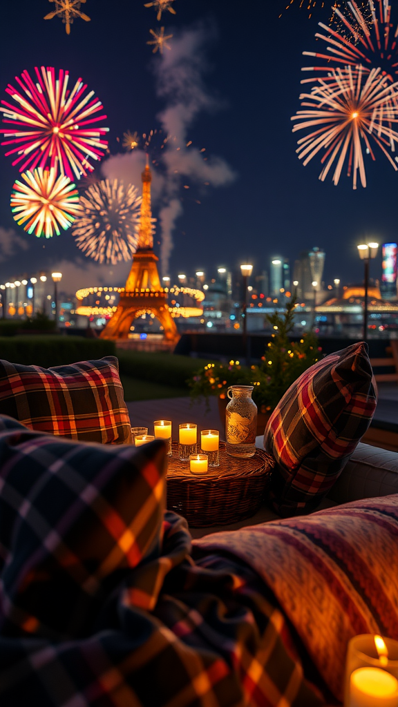 A cozy setting with pillows and candles overlooking the Eiffel Tower and fireworks in the night sky.