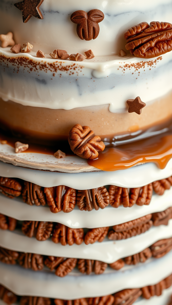 A beautifully decorated cowboy wedding cake with layers of cream and chocolate accents, topped with pecans and star-shaped decorations.
