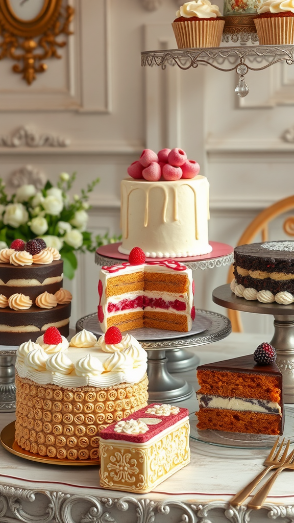 A variety of beautifully decorated cakes on a decorative cake stand, showcasing the elegance of a Rococo style dessert table.