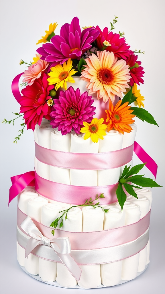 A beautifully designed diaper cake with colorful flowers and ribbons.