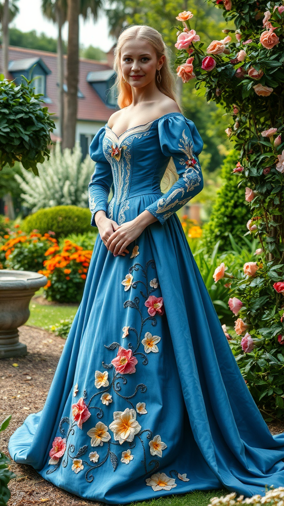 A woman in a blue medieval wedding dress with floral embellishments, standing in a colorful garden.