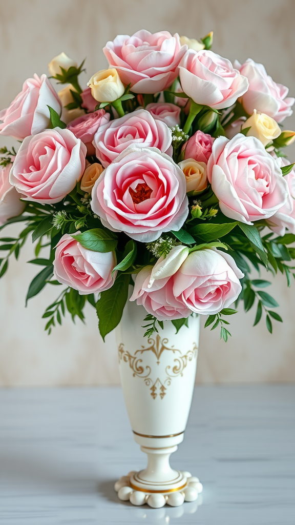 A beautiful floral arrangement featuring pink roses and yellow buds in an elegant vase with gold detailing.