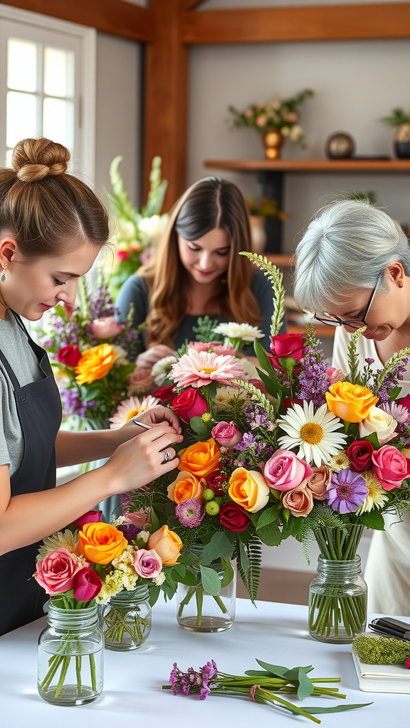 25 Creative Nesting Party Ideas for a Cozy Gathering A group of people arranging flowers at a workshop, showcasing colorful blooms and creativity. Nesting Party Ideas