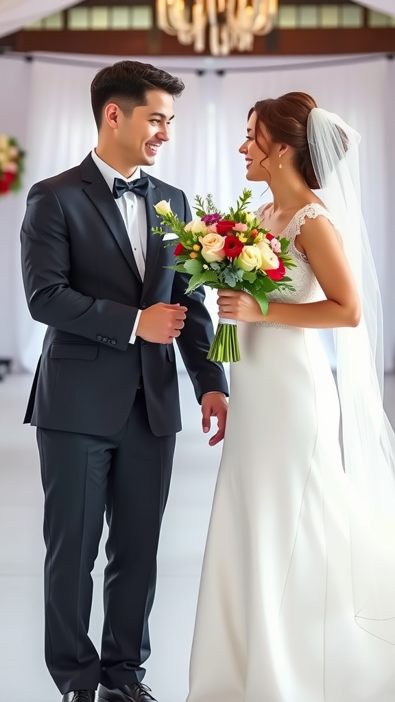 A bride and groom smiling at each other in a wedding venue. The bride holds a colorful bouquet of flowers, while the groom wears a black suit with a bow tie. Cowboy Wedding Entrance