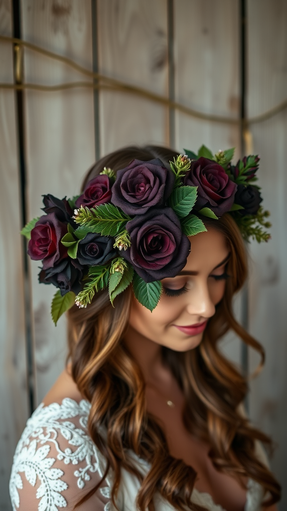 A woman wearing a floral crown made of dark roses and greens, with a soft smile and flowing hair. Dark Romantic Wedding Ideas
