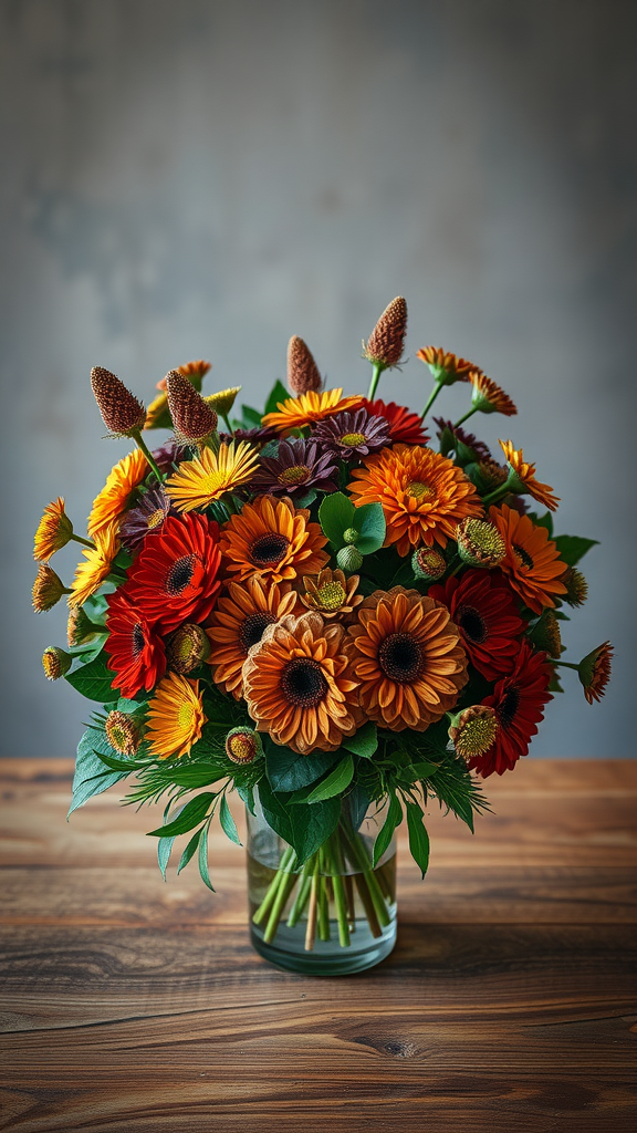 A vibrant bouquet featuring flowers in earth tone shades, including red, orange, and yellow.