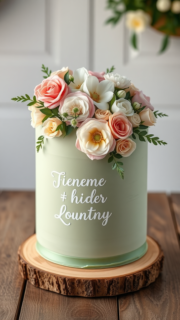 A sage green wedding cake adorned with fresh pink and white flowers