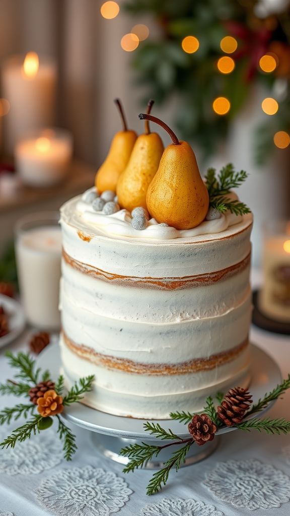A beautifully frosted almond cake topped with fresh pears, decorated with pinecones and greenery, set in a festive atmosphere.