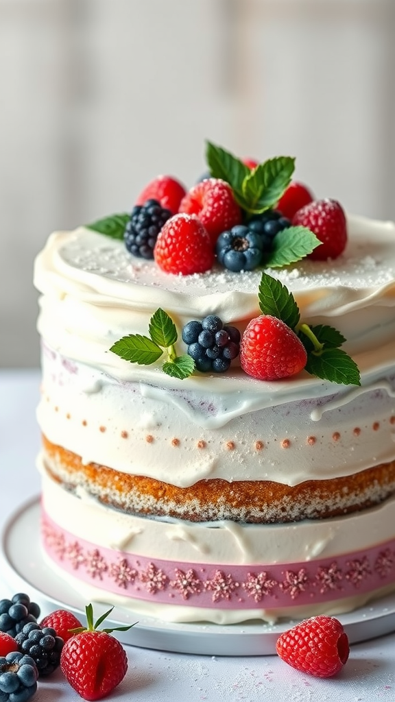 A beautiful frosted berry wedding cake topped with fresh fruits and mint leaves.
