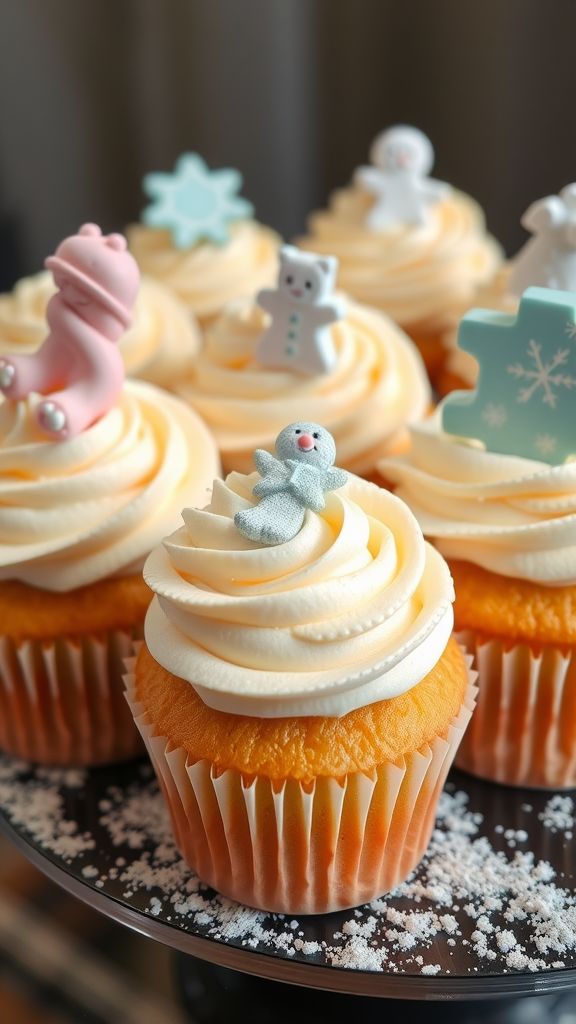 A display of frosted cupcakes with winter-themed decorations.