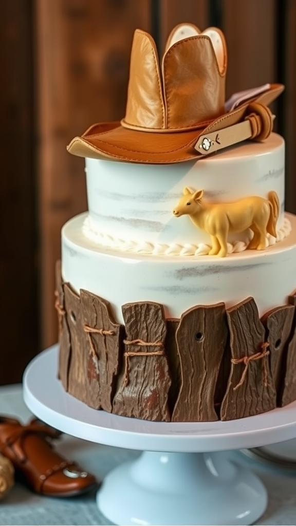 A rustic cowboy cake with a cowboy hat, horse figurine, and wooden fence design