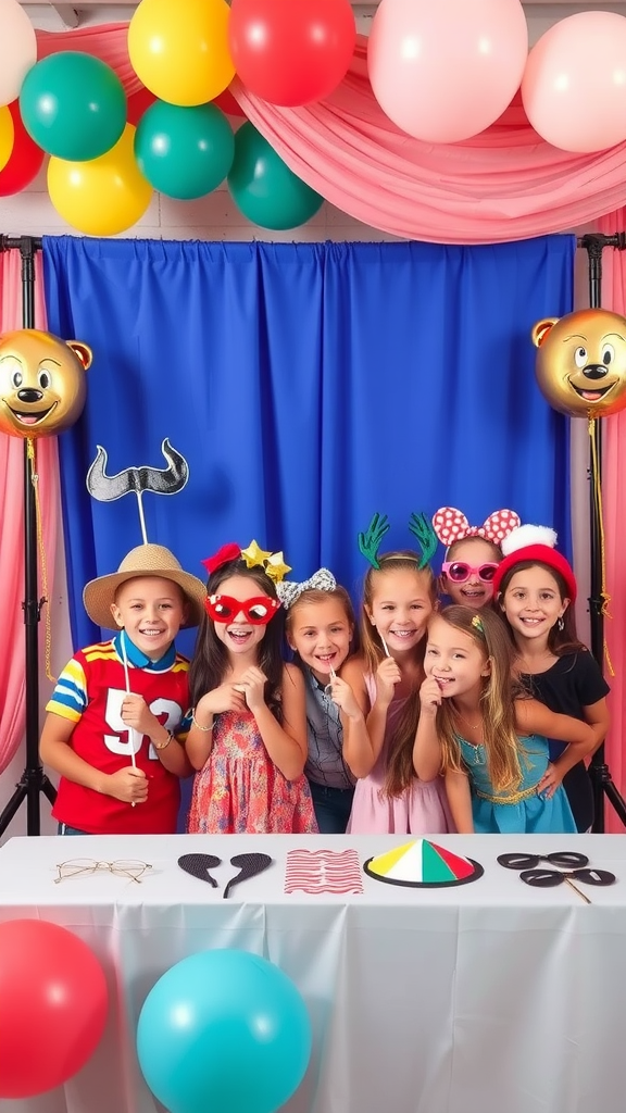 Kids posing in a colorful photo booth with fun props and decorations. new year’s eve kid party ideas