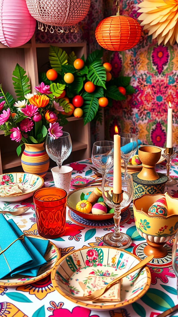 Colorful table setting with vibrant dishes, glassware, candles, and floral decorations.