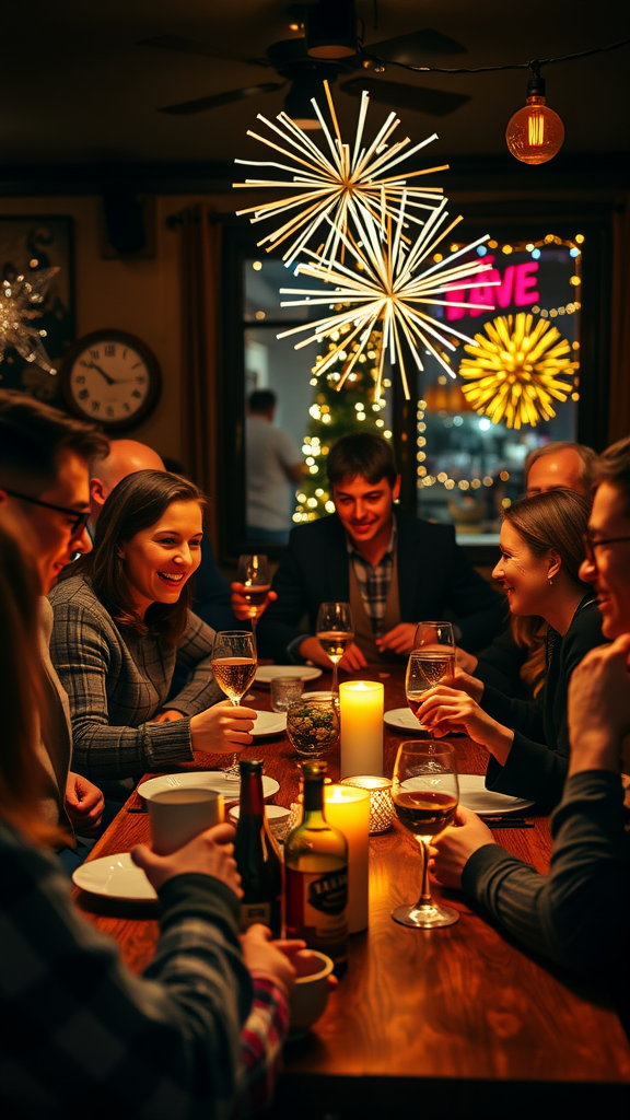 Friends enjoying drinks and laughter at a festive New Year’s Eve party, with decorations and candles on the table.