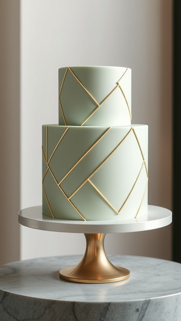 A 1 tier sage green wedding cake with geometric golden patterns on a marble table.