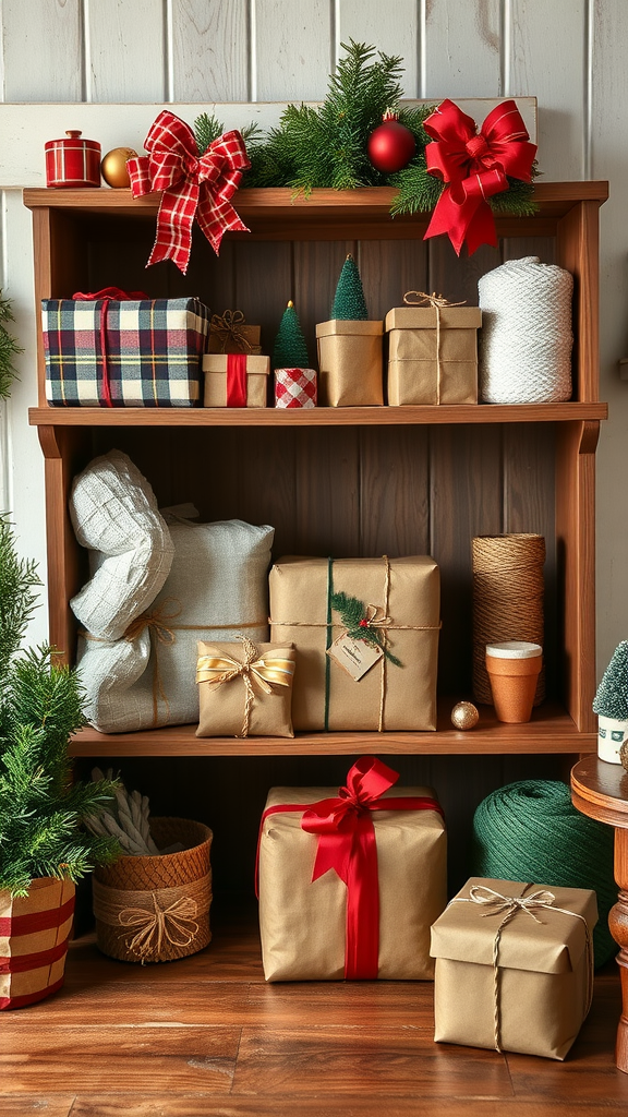 A cozy gift wrapping station with wrapped gifts, ribbons, and festive decorations.