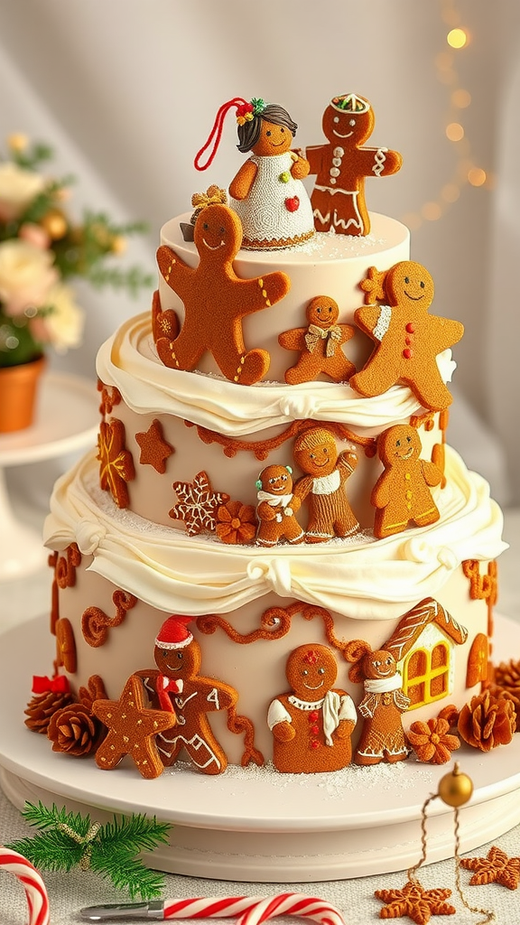 A three-tiered gingerbread wedding cake adorned with gingerbread figures and festive decorations, perfect for a Christmas wedding.