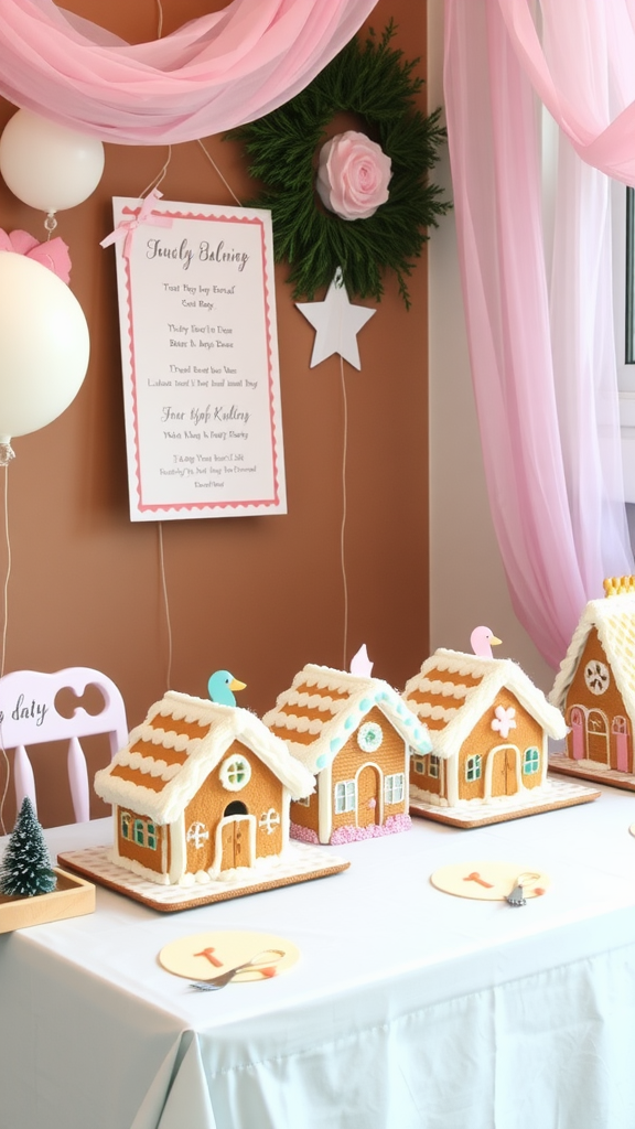 A table set for gingerbread house decorating with multiple houses and Christmas trees in the background.