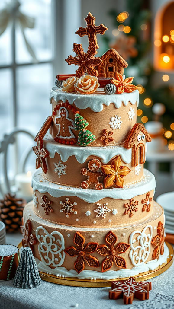 A beautifully decorated three-tier gingerbread cake with festive decorations, ideal for Christmas celebrations.