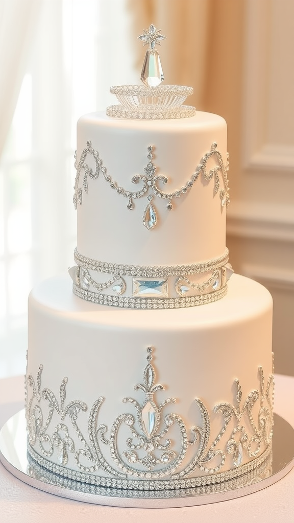 A two tier wedding cake decorated with crystal embellishments, featuring intricate designs and a sparkling topper.