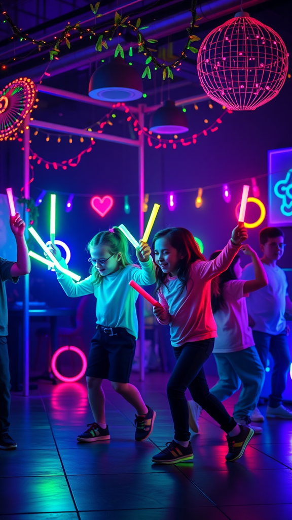 Children dancing with glow sticks in a colorful, neon-lit party setting