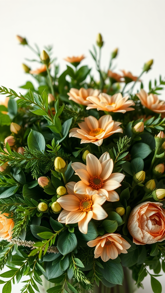 A bouquet filled with peach flowers and lush green foliage
