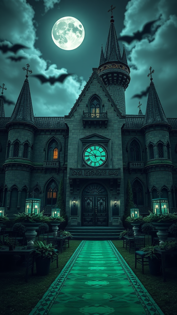Gothic-style wedding venue with a dark romantic theme, featuring a grand castle facade, emerald green pathway, and a full moon in the sky.