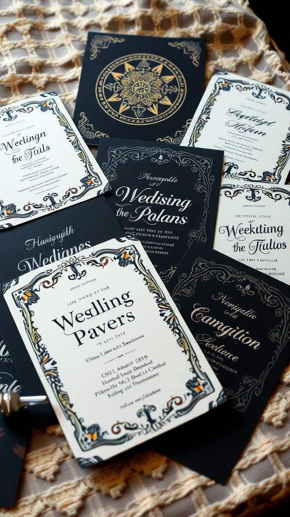 A collection of gothic-themed wedding invitations with ornate designs and dark colors.