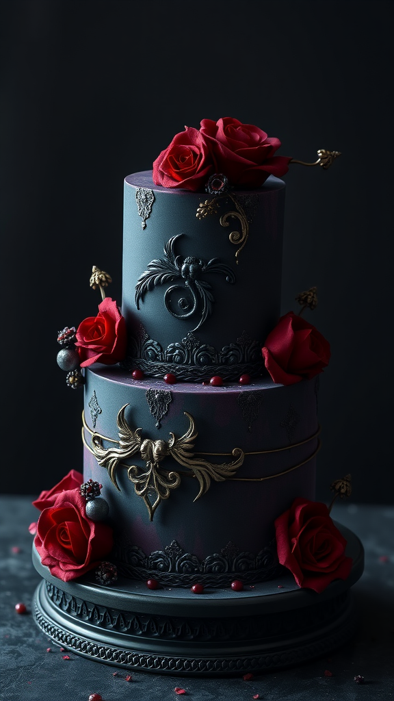 A two-tier wedding cake with dark colors, decorated with red roses and intricate details.
