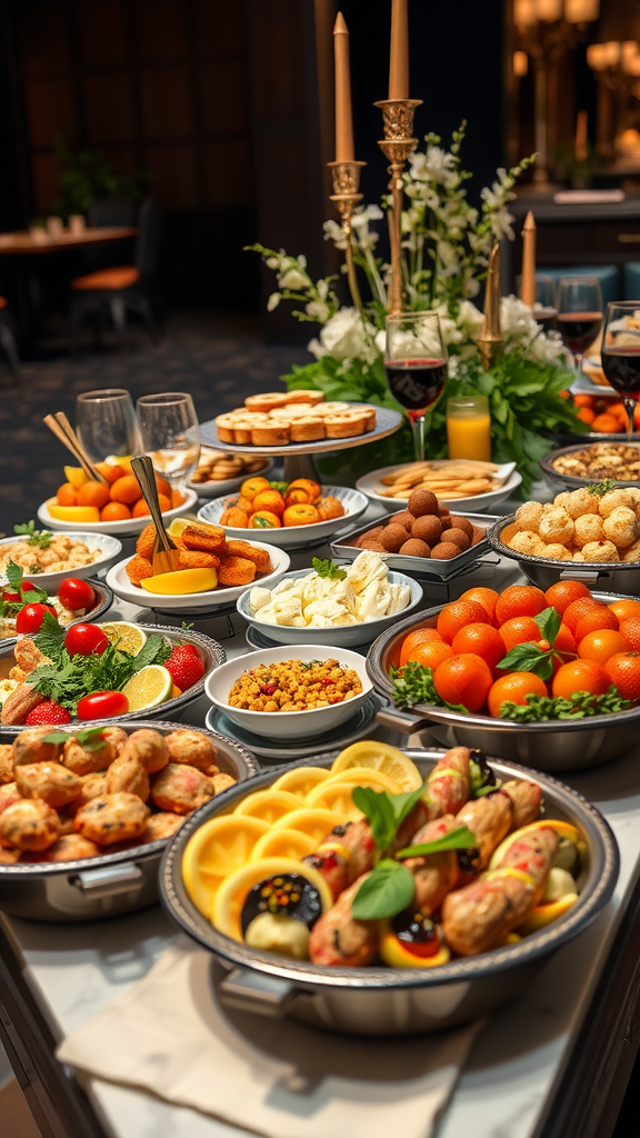 A beautifully arranged gourmet appetizer display with various fruits, finger foods, and elegant decorations, perfect for a party.