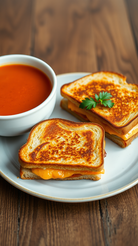 A plate with gourmet grilled cheese sandwiches and a bowl of tomato soup