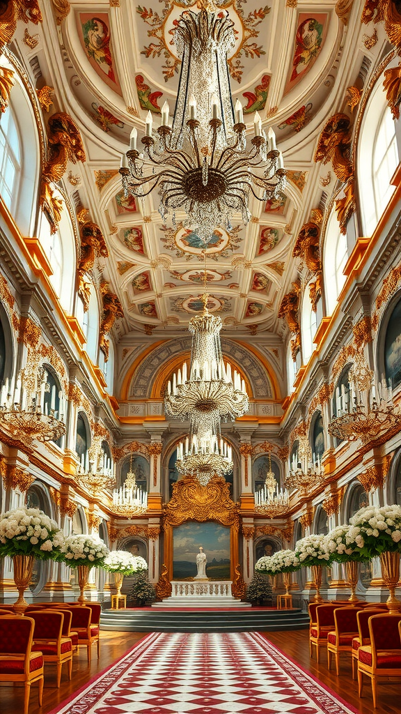 Interior of a lavish Rococo-style wedding venue, featuring chandeliers and floral arrangements.
