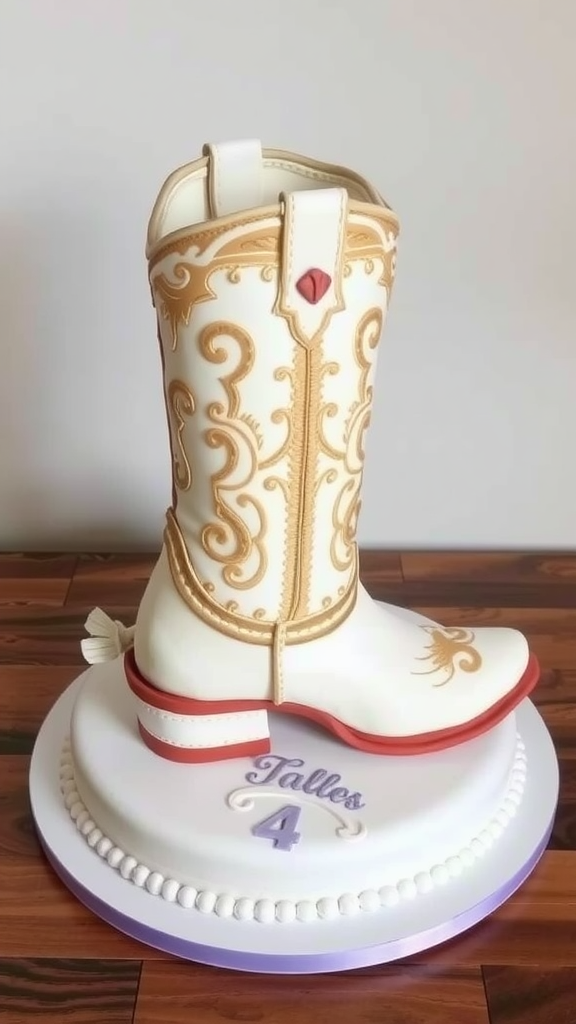 A detailed cowboy boot-shaped cake decorated with gold and red accents, placed on a white round base.