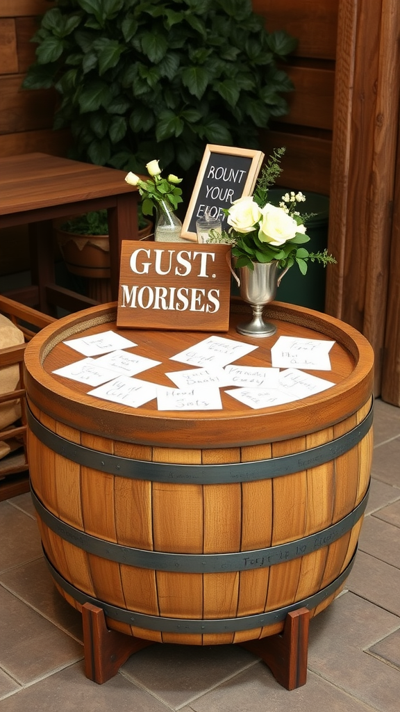 A wooden barrel table with a guest book setup featuring flowers and cards for guests to write messages.