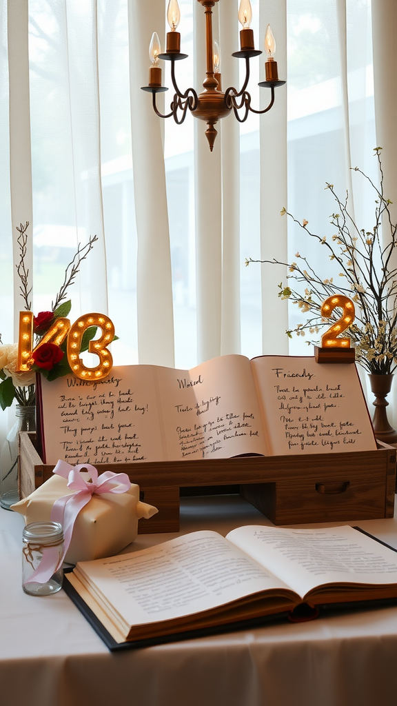 A beautifully arranged guestbook setup with a chandelier and decorative elements.