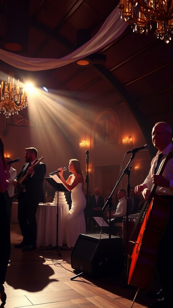 A live music performance in an elegantly lit venue, featuring a singer in a white dress and musicians creating a captivating atmosphere.