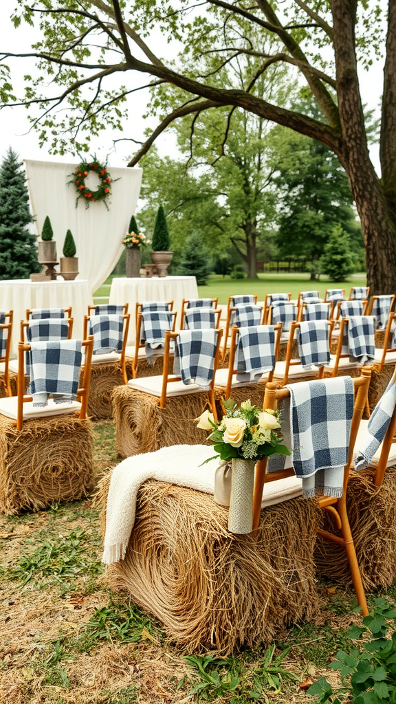 Outdoor wedding seating made of hay bales with plaid blankets and flowers.