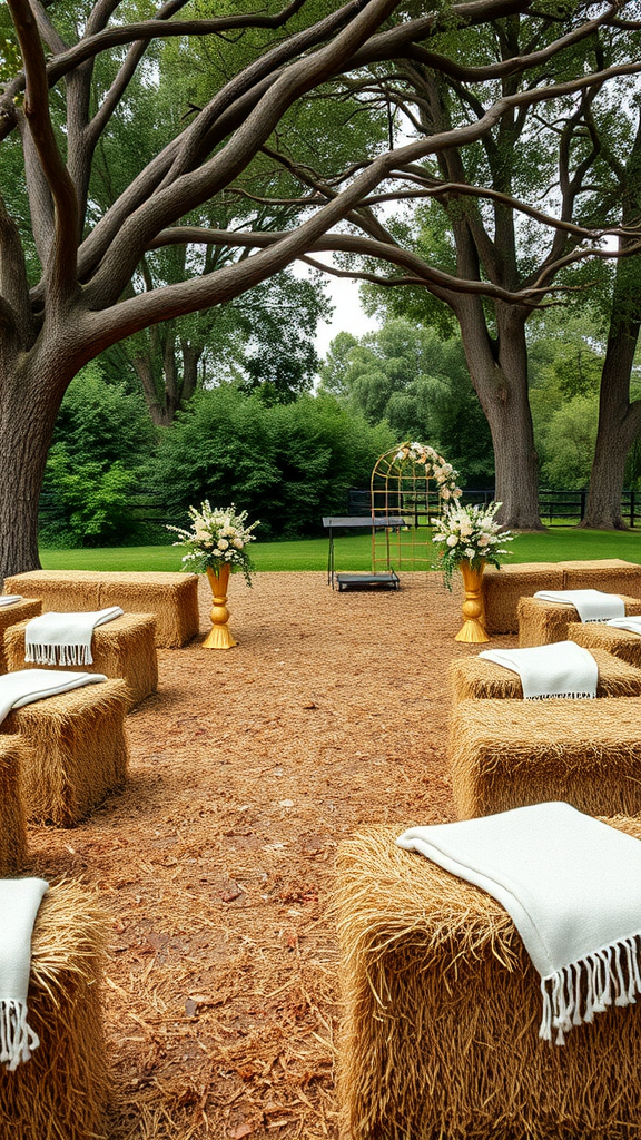25 Rustic Cowboy Wedding Ideas to Tie the Knot with Style An outdoor wedding setup featuring hay bale seating arranged around a floral arch.