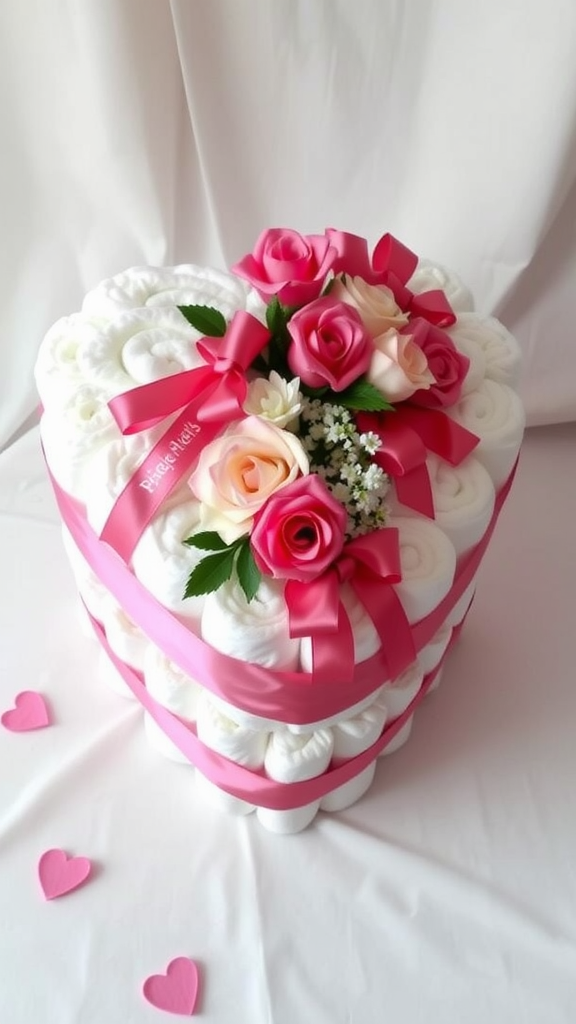 A heart-shaped diaper cake decorated with pink ribbons and flowers.