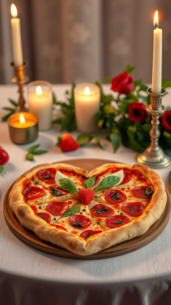 A heart-shaped pizza topped with tomatoes, basil, and strawberries, surrounded by candles and roses. Valentine Lunch
