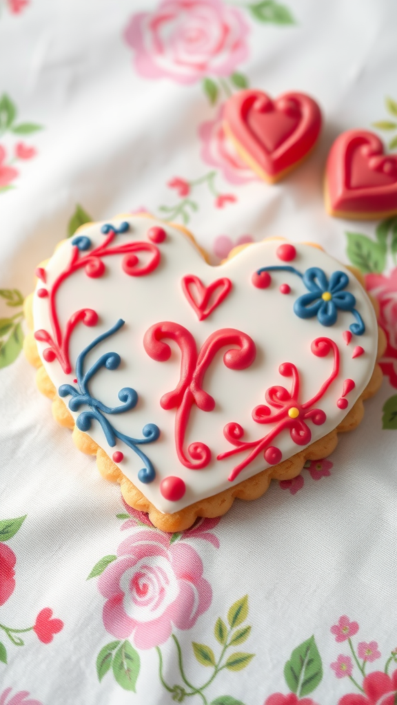 15 Adorable Valentine Baby Shower Sugar Cookies Decorated heart-shaped sugar cookies with royal icing on a floral tablecloth