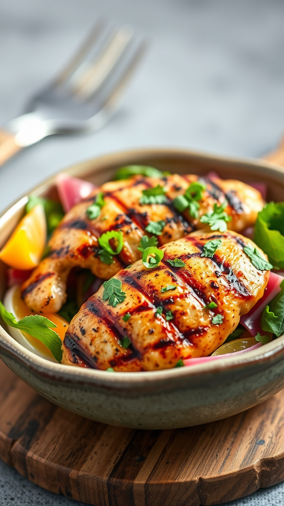 A delicious herb-infused grilled chicken salad with bright vegetables.
