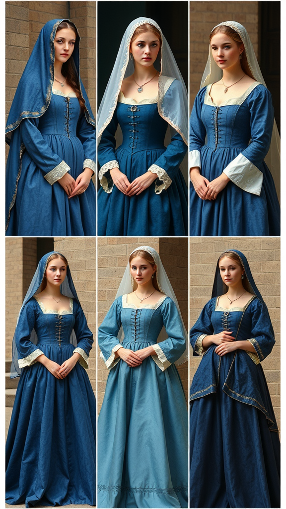 Collage of blue medieval wedding dresses showcasing various designs and styles.