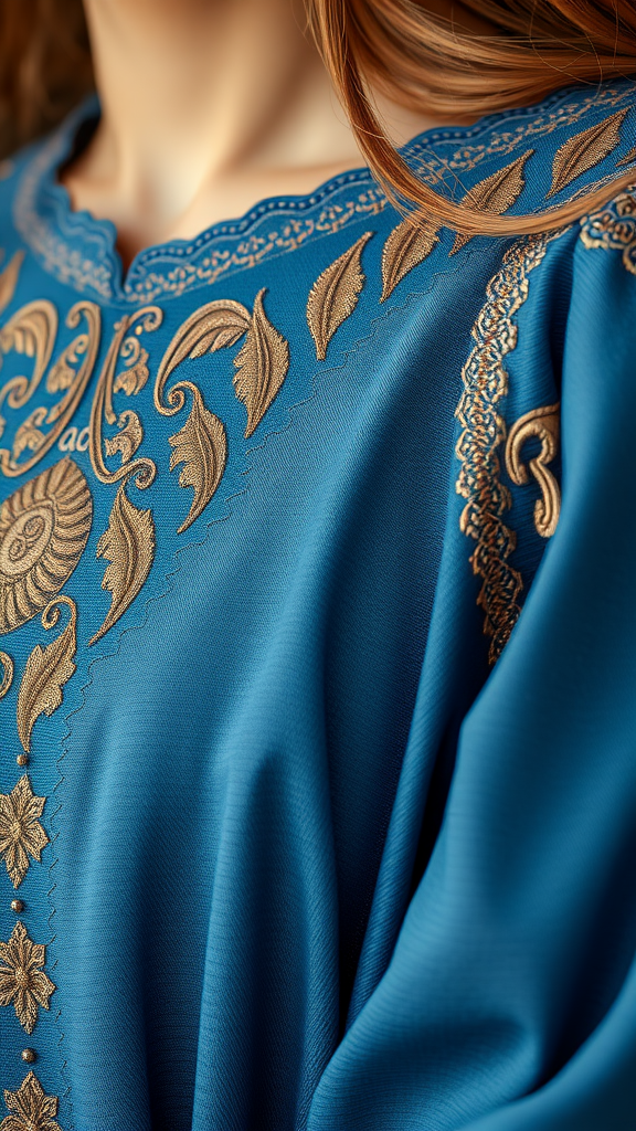 Close-up of a blue medieval dress with intricate golden embroidery.