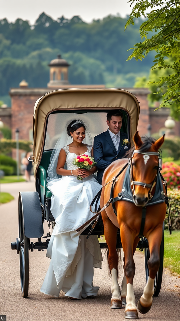 25 Rustic Cowboy Wedding Ideas to Tie the Knot with Style A couple in a horse-drawn carriage, dressed for their wedding, surrounded by lush greenery.