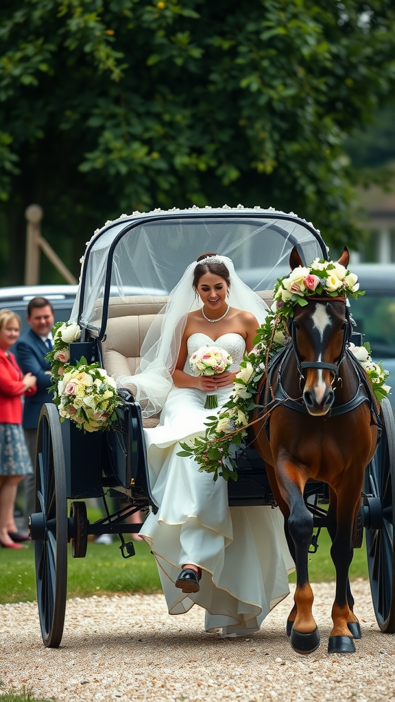 A bride in a horse-drawn carriage, smiling, with floral decorations, arriving at her wedding.
